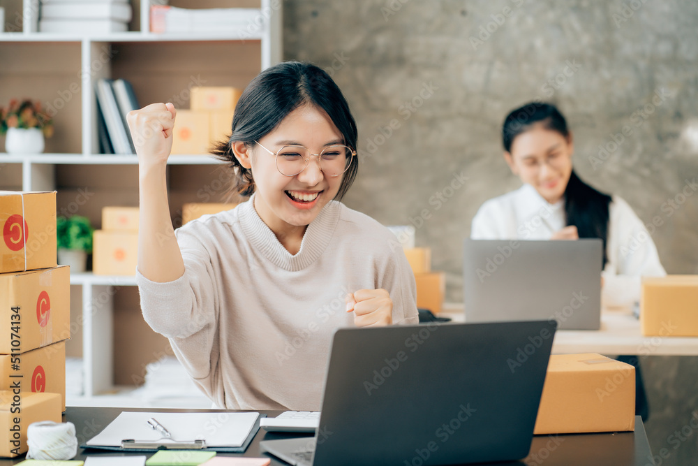Online business. Beautiful young woman business owner about online business. Successful and happy with the business. Online business. Beautiful young woman business owner about online business. Successful and happy with the business.