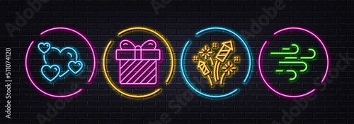 Heart, Fireworks rocket and Surprise minimal line icons. Neon laser 3d lights. Windy weather icons. For web, application, printing. Love rating, Pyrotechnic salute, Present with bow. Wind. Vector