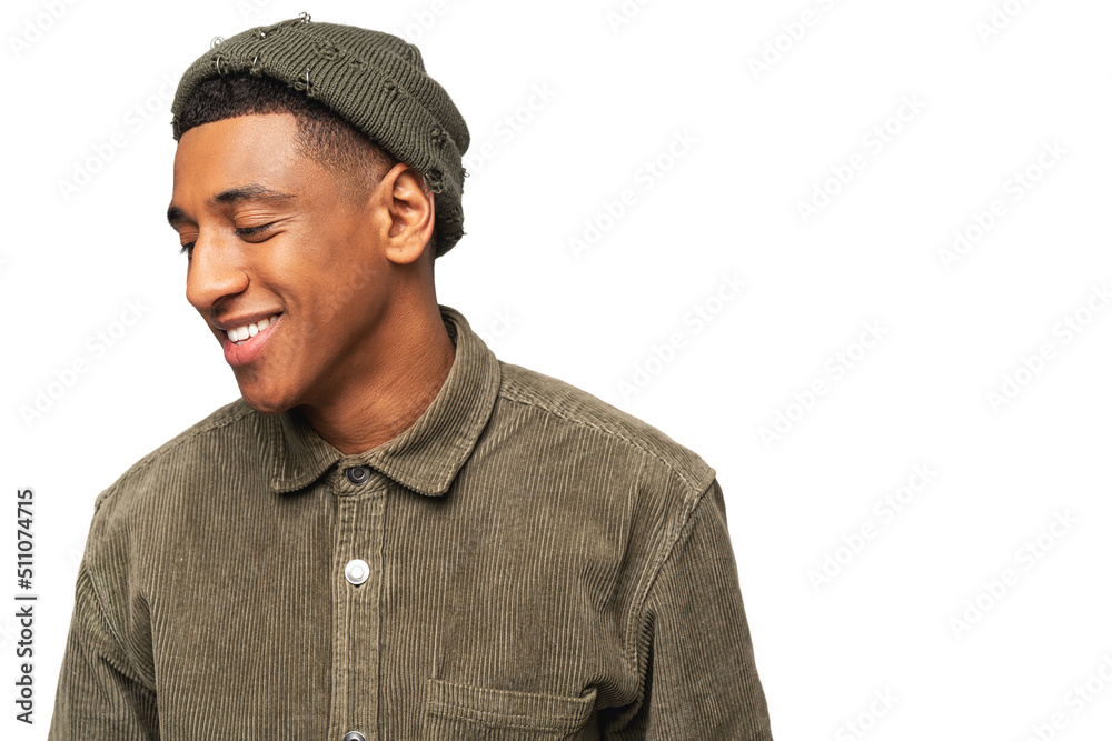 Portrait of happy young African American guy looking away with pleasure smile isolated on white background. Man posing at the studio Portrait of happy young African American guy looking away with pleasure smile isolated on white background. Man posing at the studio