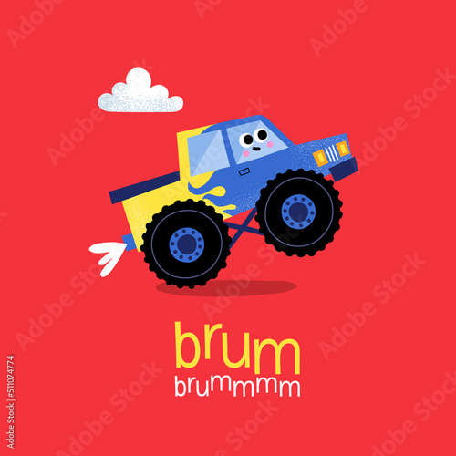 Cute monster truck. 4x4 Giant wheels. Children Vector Illustration.