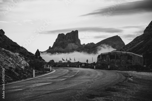 Road at the top of Valparola mountain pass in Dolomites photo