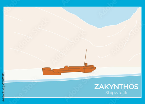 travel poster with Navagio Beach (Shipwreck beach) on Zakynthos Island, Greece- vector illustration