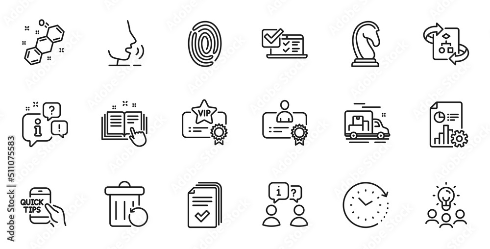 Outline set of Vip certificate, Online survey and Fingerprint line icons for web application. Talk, information, delivery truck outline icon. Vector Outline set of Vip certificate, Online survey and Fingerprint line icons for web application. Talk, information, delivery truck outline icon. Vector