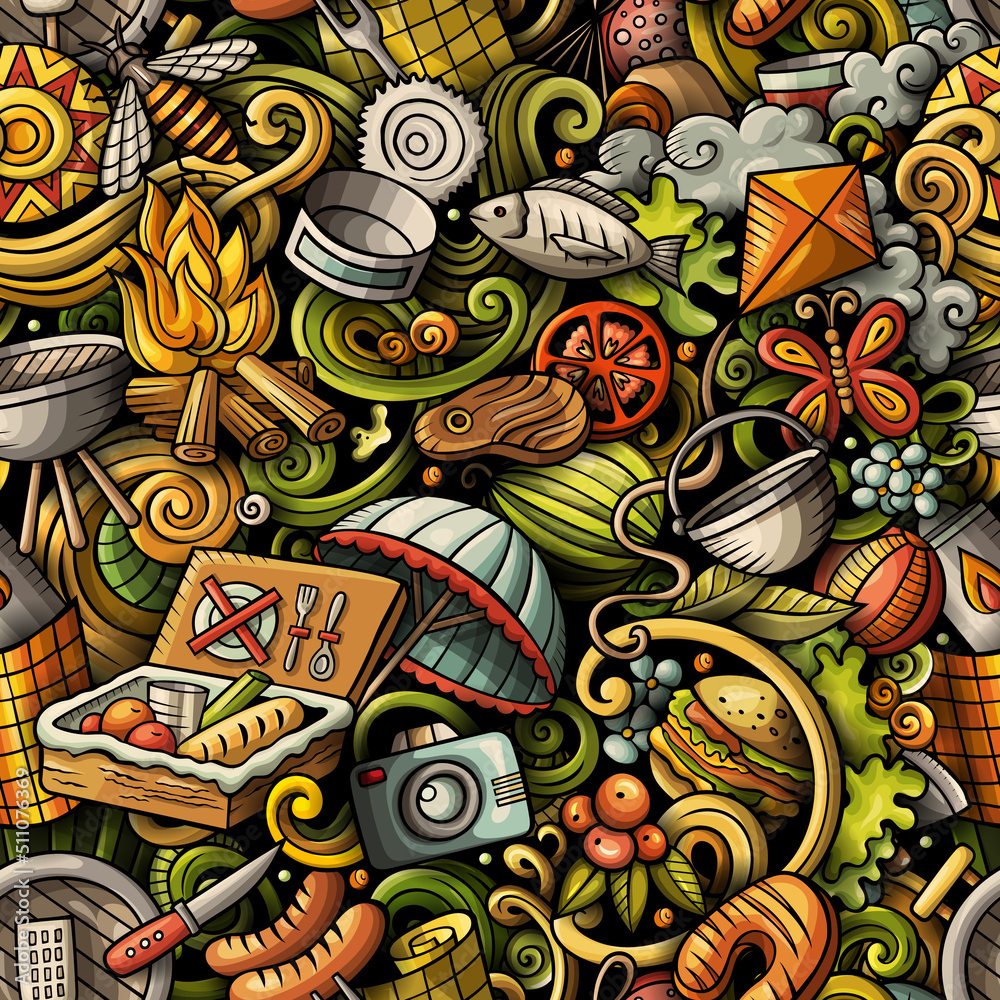 Obraz premium Picnic hand drawn doodles seamless pattern. BBQ background.