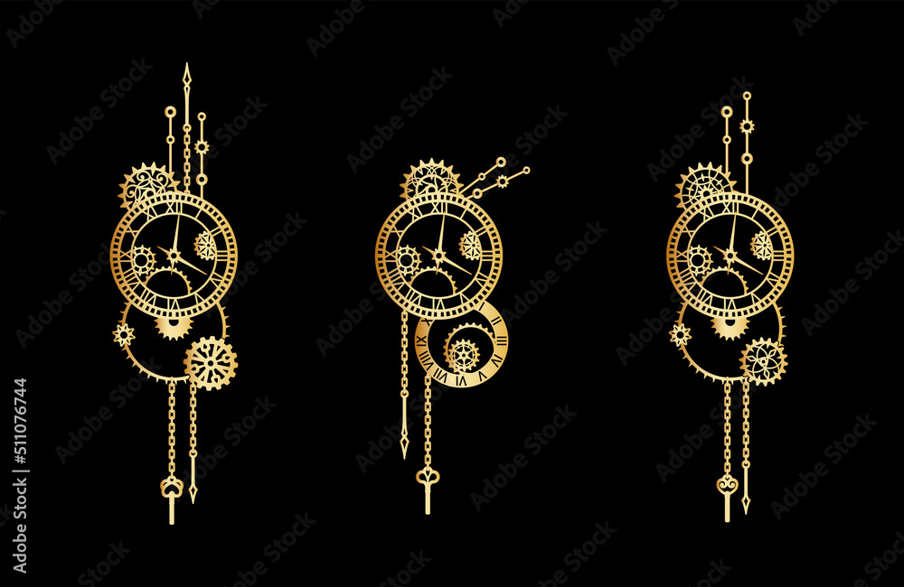 Vintage set of golden decorative elements with clock-face, gears ...