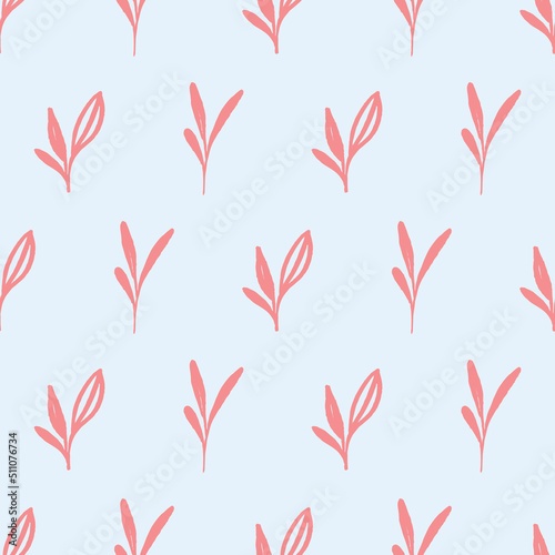 Cute vintage wallpaper surface pattern design with pink leaves over sky blue background. Elegant and feminine surface pattern design for vintage floral dress or girly clothes and retro home wear or