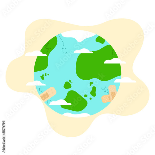 Save the planet, the Earth is wounded and in patches, splits across the planet, the destruction of all living things, the maintenance of life