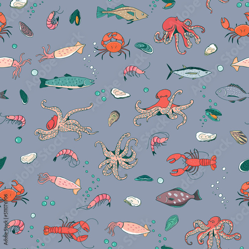 Ocean life: octopus, crab, lobster, squid, shrimp, oyster, mussels, fish vector seamless pattern.