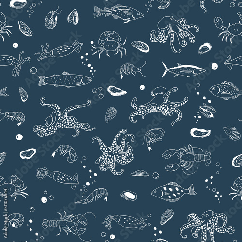 Ocean life: octopus, crab, lobster, squid, shrimp, oyster, mussels, fish vector seamless line pattern.