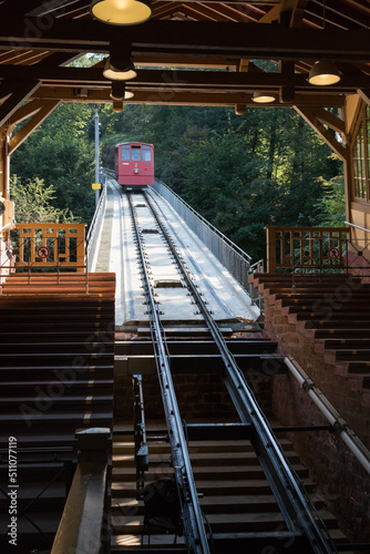 Funicular arriving at mountain station in Heidelberg, Germany
