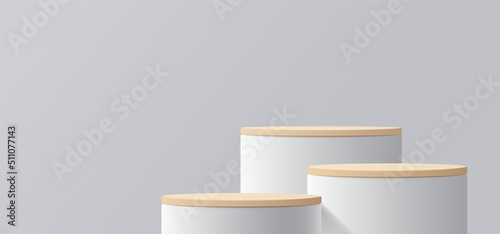Paper cut of minimal scene with wood cylinder podium on grey background. Product presentation, mock up, show cosmetic. Vector illustration