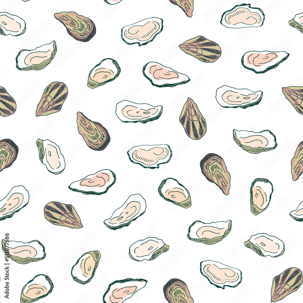 Oysters sea food vector seamless pattern Oysters sea food vector seamless pattern
