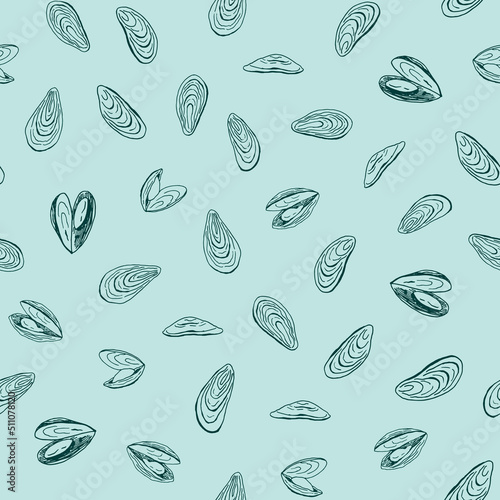 Mussels sea food vector seamless pattern