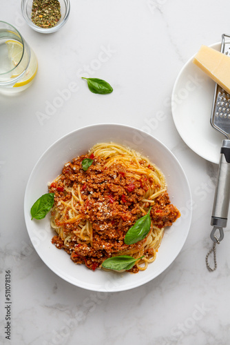 Top view of bolognese spaghetti pasta tomato sauce basil food