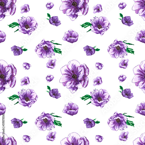 Handdrawn anemone seamless pattern. Watercolor purple flowers with green leaves on the white background. Scrapbook design, typography poster, label, banner, textile.