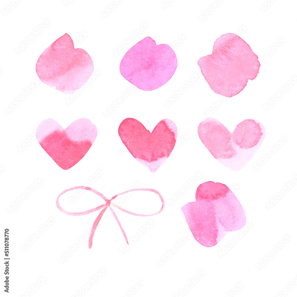 Handdrawn watercolor pink hearts and spots. Scrapbook valentine design, typography poster, label, banner, card.