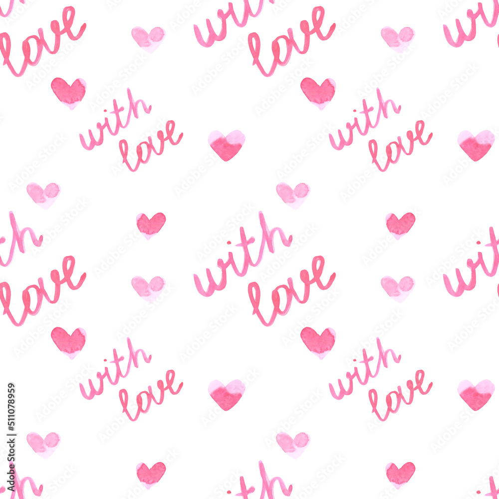 Handdrawn heart seamless pattern. Watercolor pink hearts and with love sign on the white background. Scrapbook design, typography poster, label, banner, textile.