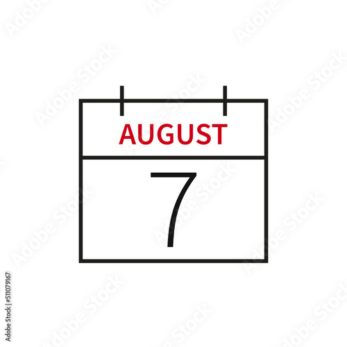 Calendar with date 7 august, line icon month name and date. Flat vector illustration for UI graphic design.