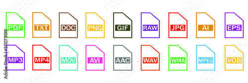 Symbol set file formats. Set of Document File Formats icons. File extensions diverse icons set isolated. Vector illustration.
