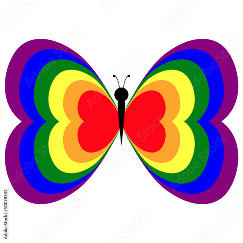 Butterfly with rainbow heart wings on white background