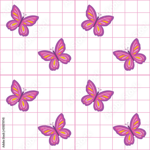 Pink and White Grid chekers seamless pattern with colorful butterfly. Y2K 90s 2000s seamless pattern vector background. Retro vintage nostalgic girlish repeat texture design.
