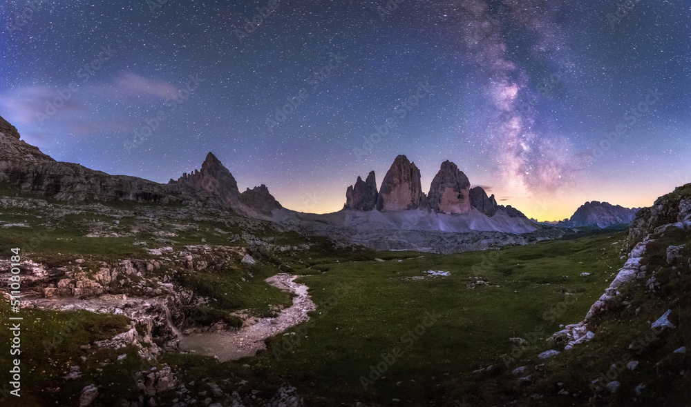 Tre Cime di Lavaredo mountains under the Milky Way