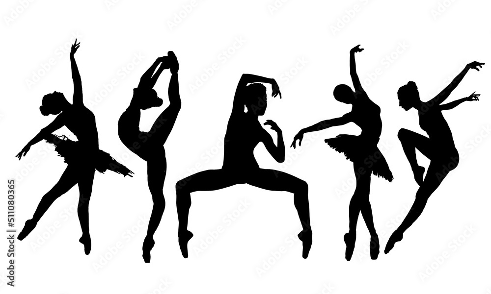 Ballet Dancer. Dancer Silhouette Set. Woman Graceful Movement. Classical Dance Style. Flexible Acrobatic Hands Up Jumping. Vector Girl on White Background. Passion in Dance. Ballerina Performs. 