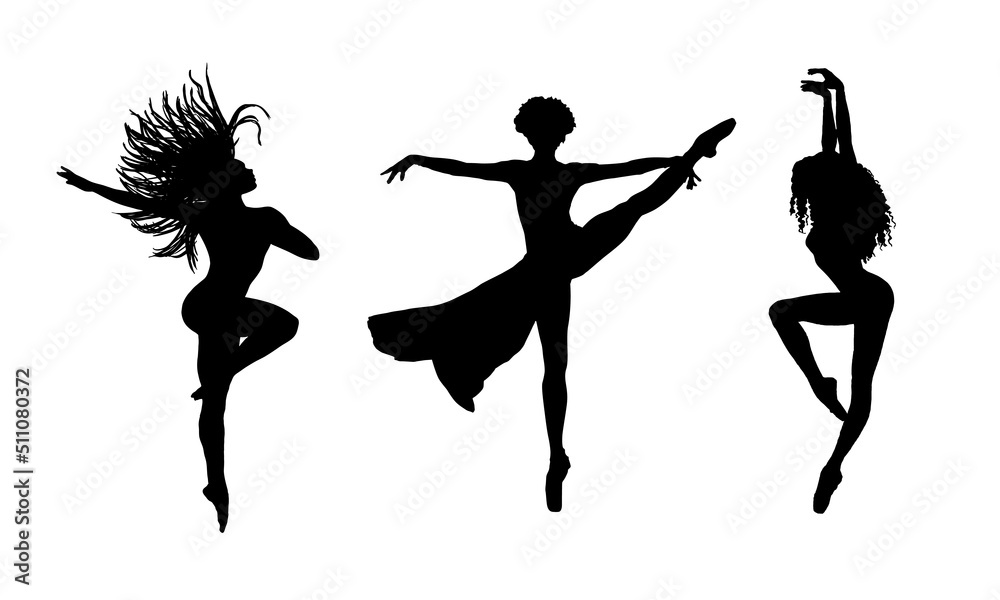 Dancer Silhouette Set. Woman Graceful Movement. Street Dance, Hip Hop Style. Flexible Acrobatic Hands Up Jumping. Vector People on White Background. Passion in Dance. Ballet Dancer. Dance Performance