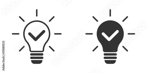 Solution symbol. Lamp icon. Light bulb with check mark inside. Vector illustration.