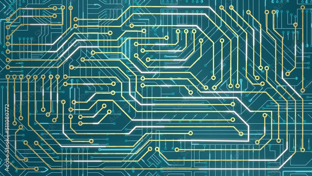 Animation of computer circuit board on blue background