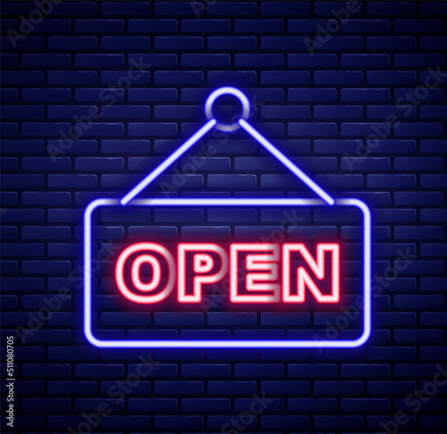 Glowing neon line Hanging sign with text Open door icon isolated on brick wall background. Colorful outline concept. Vector