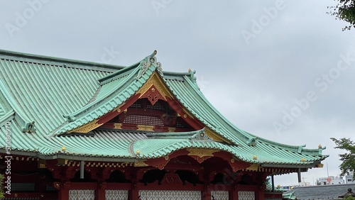 The grand pagoda architecture of “Kanda Myojin” and the cloudy rainy seasonal Tokyo sky, year 2022 June 15th 