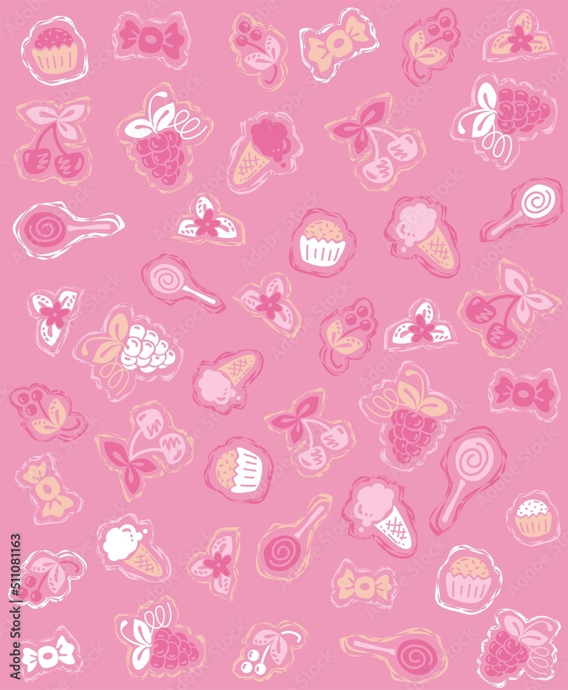 Print with background with Ice cream, candy and cherries