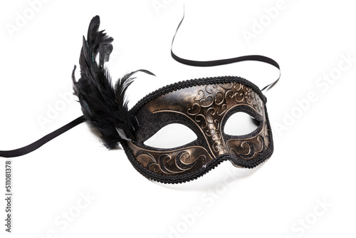 Carnival mask brown color with black feather decoration isolated on white background © Rawf8