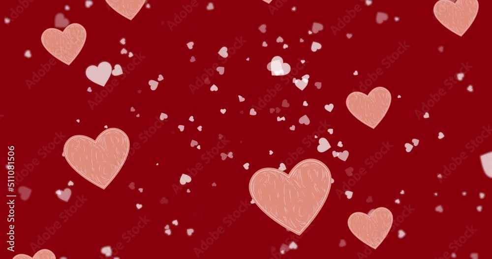 Animation of hearts floating over red background Animation of hearts floating over red background