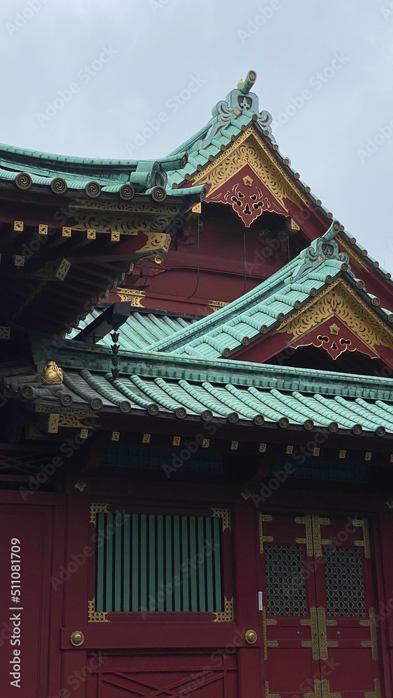 Shinto shrine architectural details, “Kandamyojin” year 2022 June 15th.  Rainy weekday in Tokyo Japan.