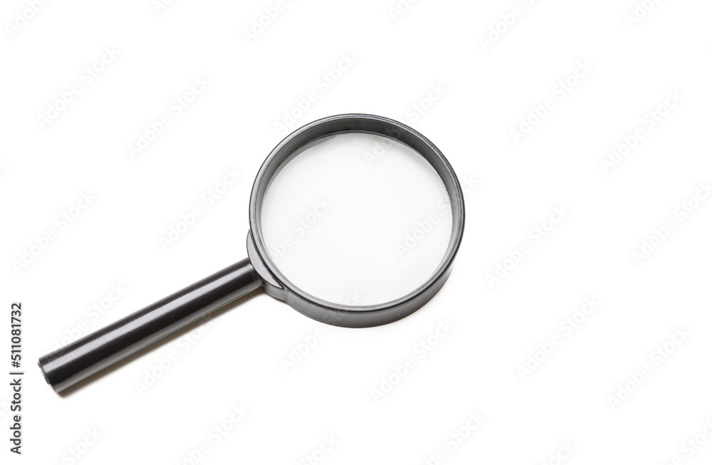 Magnifying glass. Magnify tool isolated, white background. Loupe with black metal frame and handle Magnifying glass. Magnify tool isolated, white background. Loupe with black metal frame and handle