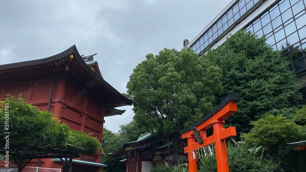 Japanese shrine scene, “Kandamyojin” established in year 730, an ancient landmark relocated to this Kanda location year 1616.  Shot taken year 2022 June 15th rainy weekday Tokyo Japan