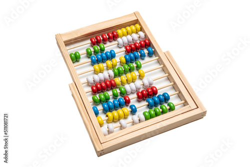 School abacus with colorful beads isolated  white background. Calculate count  children math class