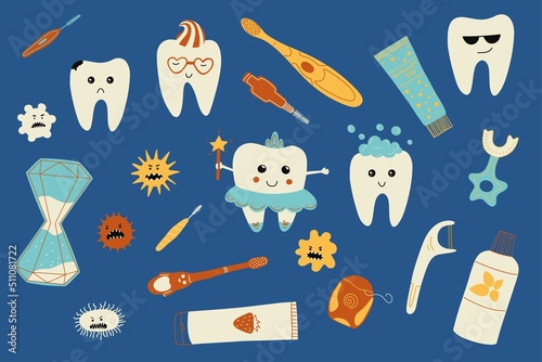 Hand drawn tooth care elements. Cute kawaii teeth characters with toothbrush and toothpaste. Doodle vector illustration