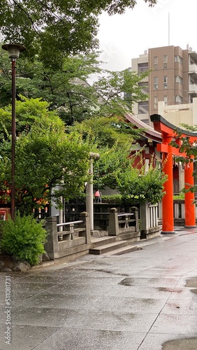Japanese shrine scene, “Kandamyojin” established in year 730, an ancient landmark relocated to this Kanda location year 1616. Shot taken year 2022 June 15th rainy weekday Tokyo Japan
