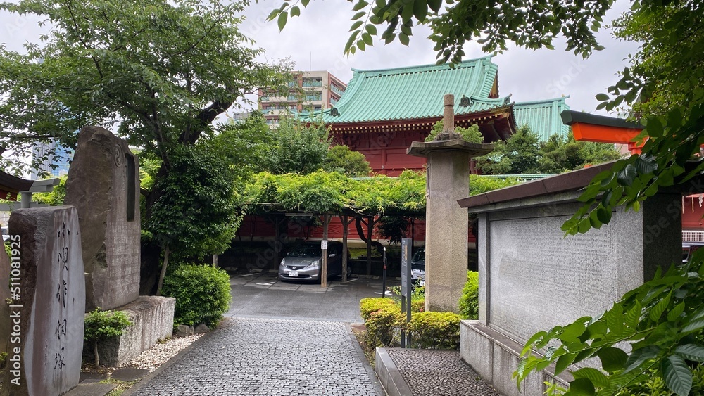 Landscape Japanese shrine scenery, “Kandamyojin” dating back to year 730 it was founded first in Otemachi, then relocated to Kanda in 1616.  Shot taken on year 2022 June 15th rainy weekday