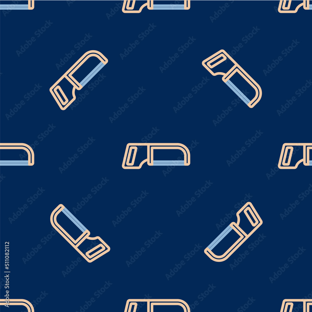 Line Hacksaw icon isolated seamless pattern on blue background. Metal saw for wood and metal. Vector