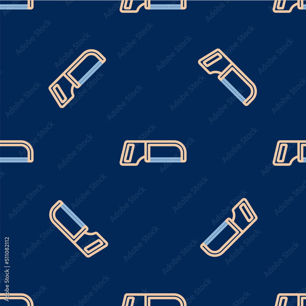 Line Hacksaw icon isolated seamless pattern on blue background. Metal saw for wood and metal. Vector Line Hacksaw icon isolated seamless pattern on blue background. Metal saw for wood and metal. Vector