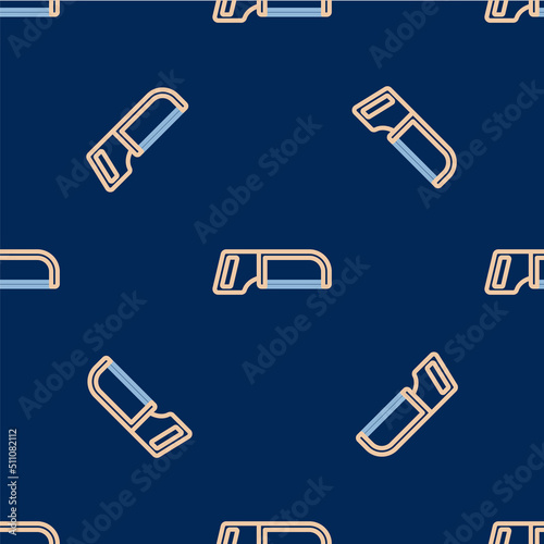 Line Hacksaw icon isolated seamless pattern on blue background. Metal saw for wood and metal. Vector