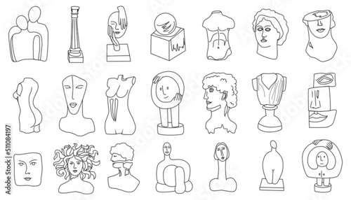 Set. One line drawing sketch sculpture. Modern single line art, aesthetic contour. Perfect for home decor such as posters, wall art, tote bag, t-shirt print, sticker