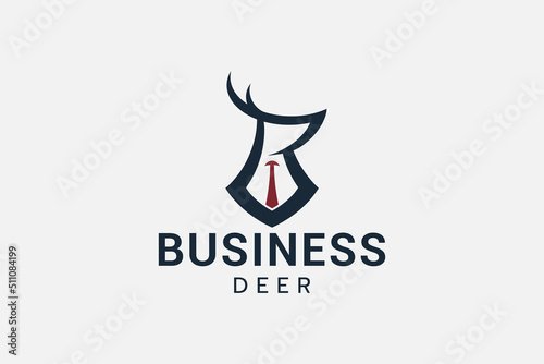 business deer logo with a combination of a deer wearing a suit and tie with the letter "R".