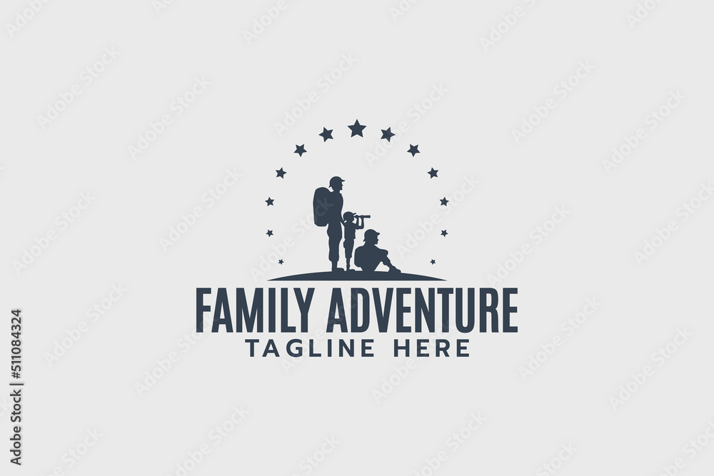 family adventure logo with a picture of a father, mother and child having fun doing outdoor activities. family adventure logo with a picture of a father, mother and child having fun doing outdoor activities.
