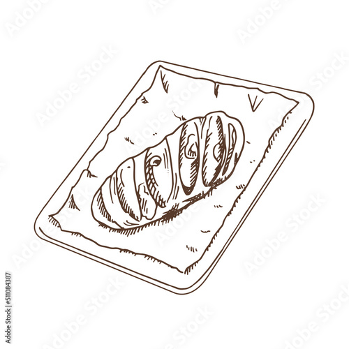 Vector hand drawn illustration of bread on a baking sheet.  Brown and white drawing isolated on white background. Sketch icon and bakery element for print, web, mobile and infographics.