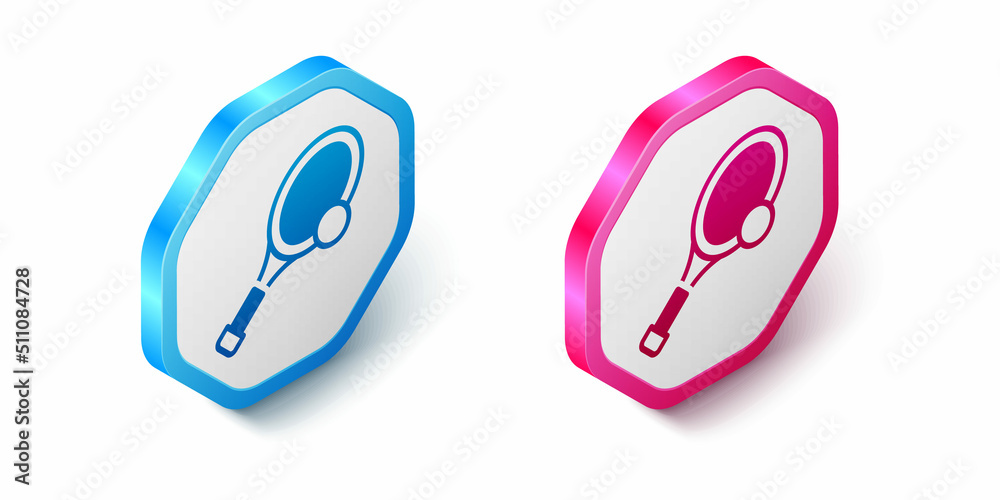 Isometric Tennis racket with ball icon isolated on white background. Sport equipment. Hexagon button. Vector Isometric Tennis racket with ball icon isolated on white background. Sport equipment. Hexagon button. Vector